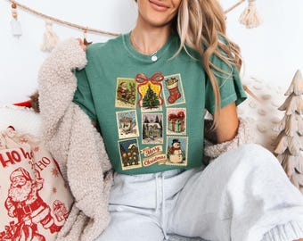 Comfort Colors Vintage Christmas Postcard Shirt Retro Holiday Graphic Tee