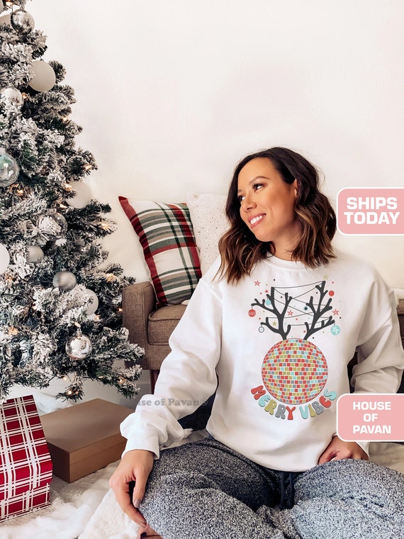 Merry Vibes Antler Felpa, Vibrazioni di Natale, Felpa Festa di