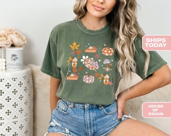 Fall Vintage Graphic Shirt, Fall Essentials Design, Pumpkin Print, Latte Lover Tee, Pie Illustration, Leaf Graphics, Autumn Vibes T-Shirt