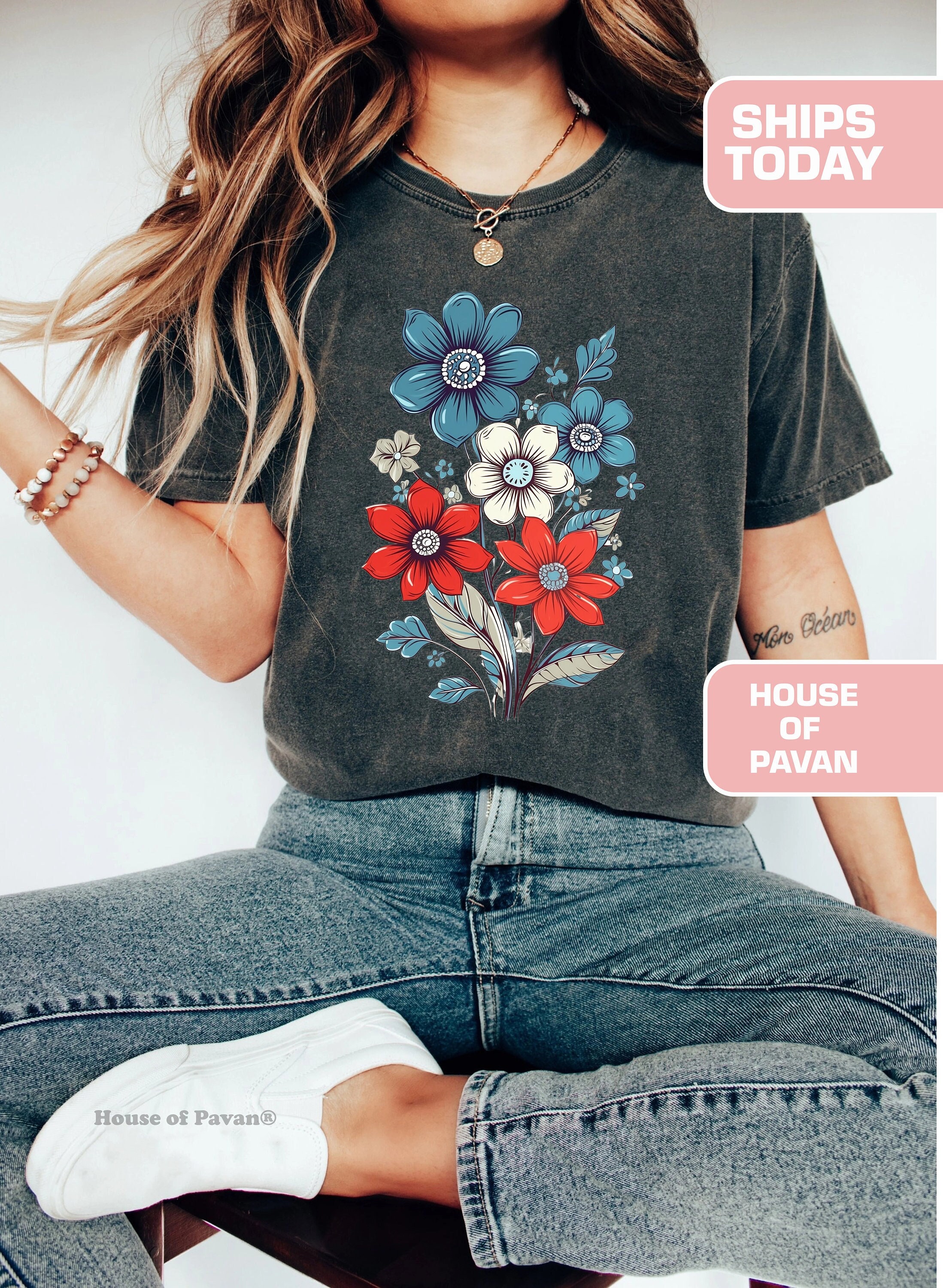 Red White and Blue Flower Shirt, Vintage Inspired Tee Shirt