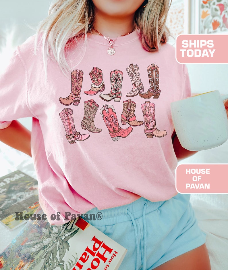 Close-up of pink cowgirl boots print design