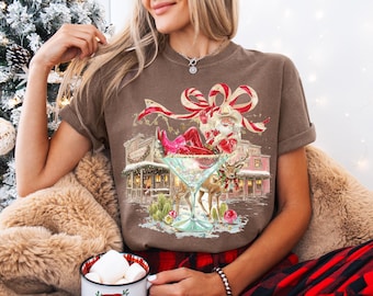 Comfort Colors Cowboy Santa Martini Christmas Shirt Western Holiday Graphic Top