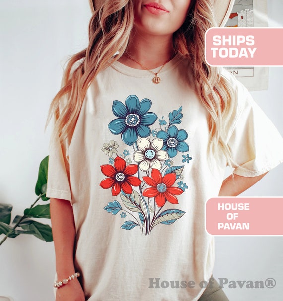 Red White and Blue Flower Shirt, Vintage Inspired Tee Shirt