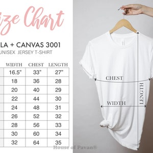 K&ouml;nnte beinhalten: Gr&ouml;&szlig;entabelle f&uuml;r Bella + Canvas 3001 Unisex-Jersey-T-Shirts. Die Tabelle zeigt die Ma&szlig;e in Zoll f&uuml;r Breite, Brustumfang und L&auml;nge f&uuml;r die Gr&ouml;&szlig;en XS bis 5XL.
