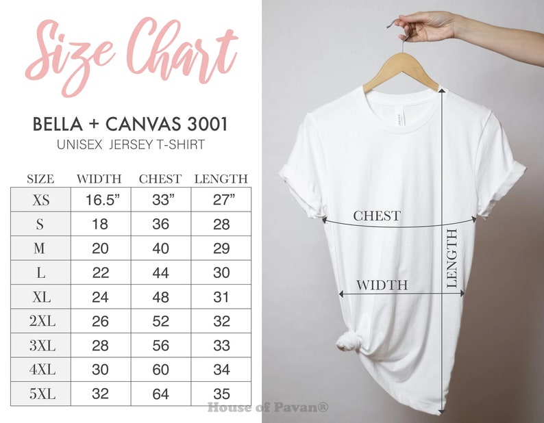 K&ouml;nnte beinhalten: Gr&ouml;&szlig;entabelle f&uuml;r Bella + Canvas 3001 Unisex-Jersey-T-Shirts. Die Tabelle zeigt die Ma&szlig;e in Zoll f&uuml;r Breite, Brustumfang und L&auml;nge f&uuml;r die Gr&ouml;&szlig;en XS bis 5XL.