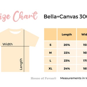May include: Size chart for Bella+Canvas 3001Y t-shirts, showing measurements in inches for length and width in sizes S, M, L, and XL.