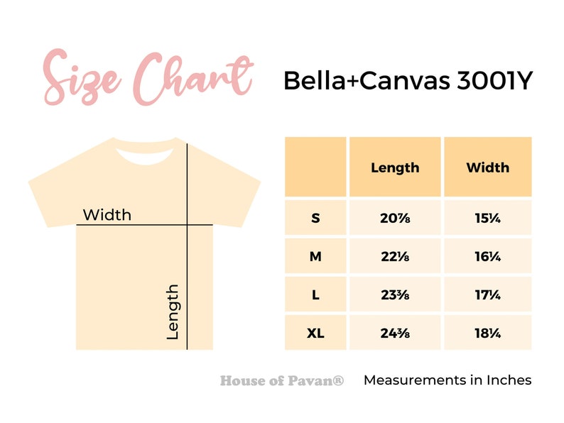 May include: Size chart for Bella+Canvas 3001Y t-shirts, showing measurements in inches for length and width in sizes S, M, L, and XL.