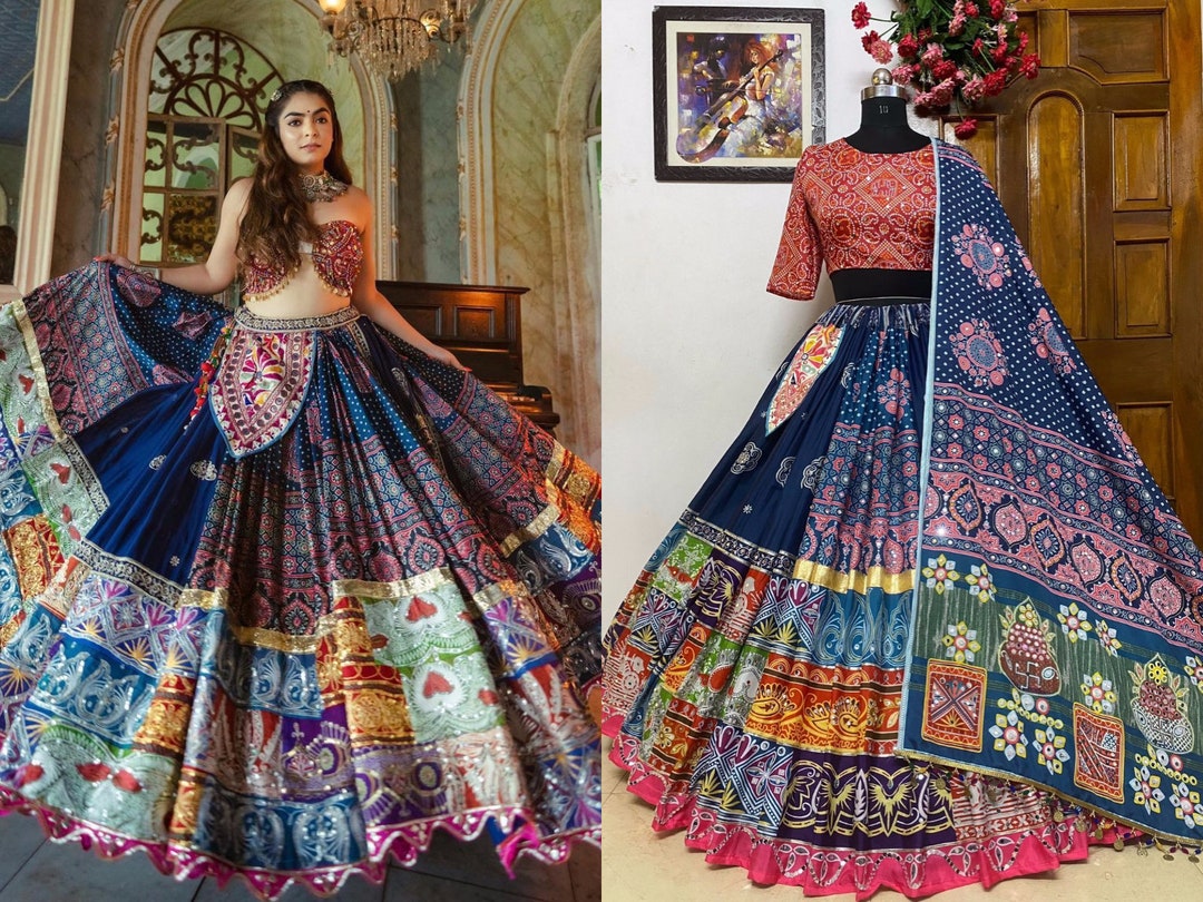 Beautiful Gujarati Traditional Butter Silk Printed Lehenga Choli Dupatta, Navratri Lehenga Choli