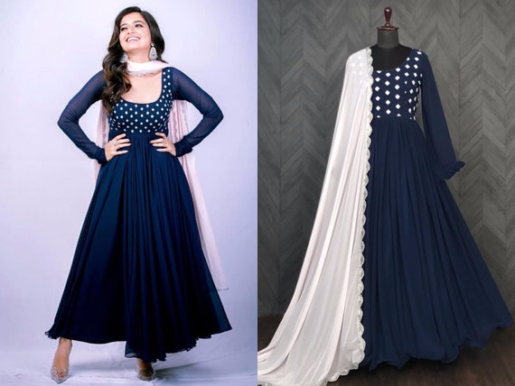 Wedding Readymade Indian Long Gown Dupatta Set Blue Pakistani