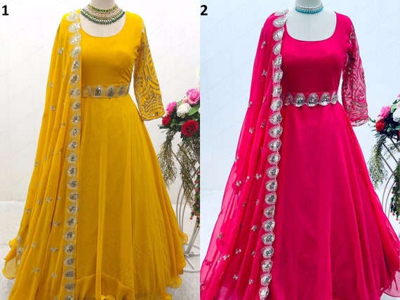 ATTRACTIVE LONG GOWN FULL SLEEVES BOTTOM AND DUPATTA EMBROIDERY WORK SEMI  STITCHED – Ethnicgarment