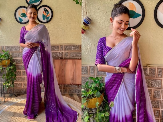  Indian Selections - Purple Art Silk Saree Sari Fabric India  Golden Border : Clothing, Shoes & Jewelry