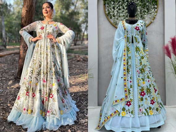 Premium Designer Sky Blue Color Embroidery Gown Lehenga Set