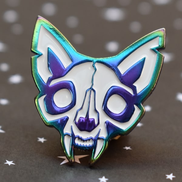 Cat Skull Enamel Pin Rainbow