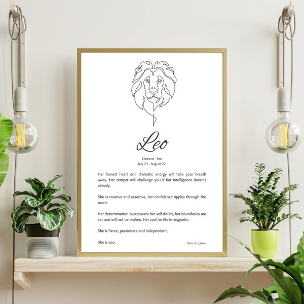 LEO ZODIAC PRINT definition, Leo line art, Leo gifts, Horoscope illustration.