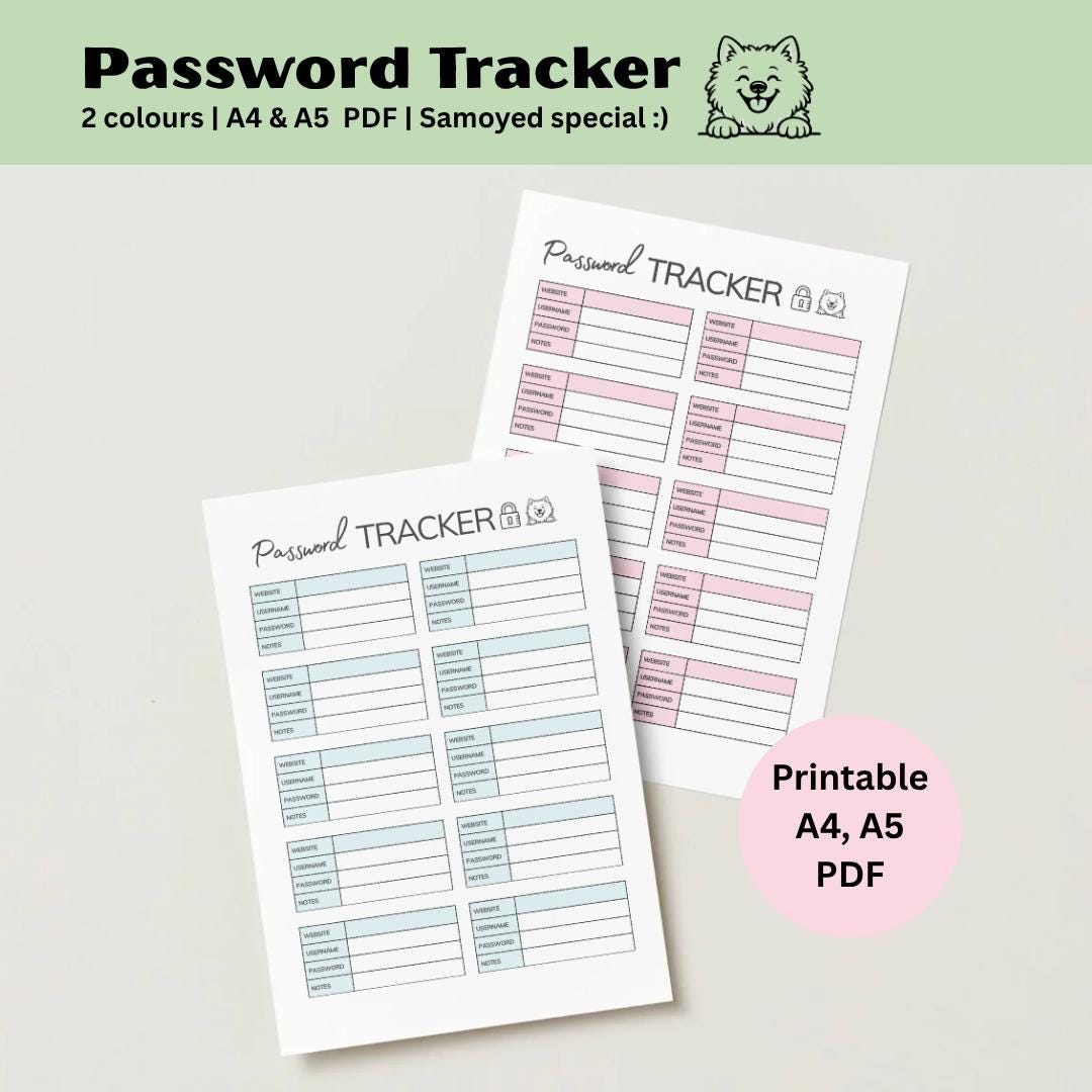 Password Tracker Printable | Password Log PDF | Cute Samoyed Password ...