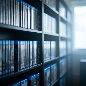Puede incluir: Una estantería negra llena de filas de cajas de películas Blu-ray. Las cajas tienen tapas y lomos azules con títulos. Las estanterías son oscuras y el fondo está borroso, con una ventana que proporciona luz natural. La imagen sugiere una configuración de entretenimiento en el hogar.