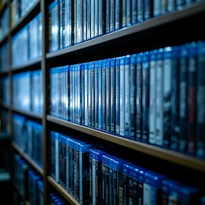 Könnte beinhalten: Ein Bücherregal aus Holz, gefüllt mit Blu-ray-Disc-Hüllen. Die Hüllen haben einen blauen Rand und sind vertikal angeordnet. Die Buchrücken der Hüllen sind sichtbar, mit Titeln und Grafiken. Die Regale sind aus dunklem Holz.