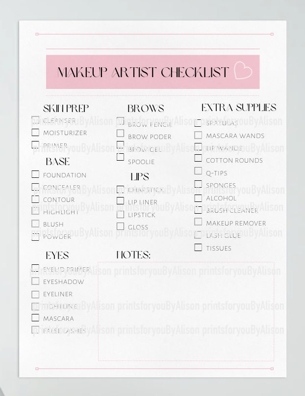 Makeup Artist Checklist INSTANT DOWNLOAD Etsy