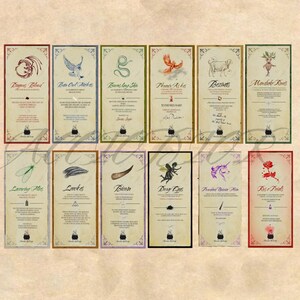 May include: Twelve vintage-style labels with illustrations of magical ingredients. Each label features a different ingredient, such as dragon's blood, boomslang skin, and leeches, with a brief description of its properties. The labels are printed on a parchment-like background with a vintage font.