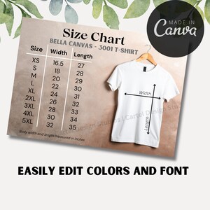 Size chart Bella Canvas 3001 T-shirt | Size chart inches digital size chart, Tshirt sizes chart