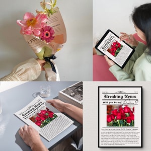 May include: A printable Valentine's Day card designed to look like a newspaper headline. The headline reads "Breaking News Will you be my Valentine?" with a photo of red roses. The text below the headline reads "Love Letter in the Daily Gazette: To My Dearest Valentine".