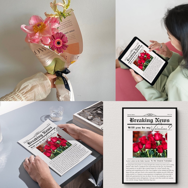 May include: A printable Valentine's Day card designed to look like a newspaper headline. The headline reads "Breaking News Will you be my Valentine?" with a photo of red roses. The text below the headline reads "Love Letter in the Daily Gazette: To My Dearest Valentine".