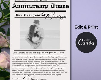 Personalized One-Year Anniversary Custom Newspaper Template | Unique Paper Gift for 1st Wedding Anniversary
