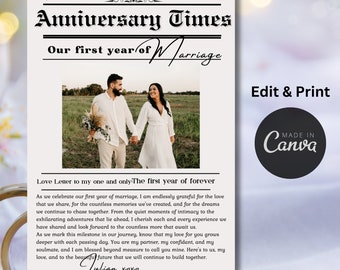 Custom 1st Anniversary Newspaper Gift: Personalized Paper Template (PDF)
