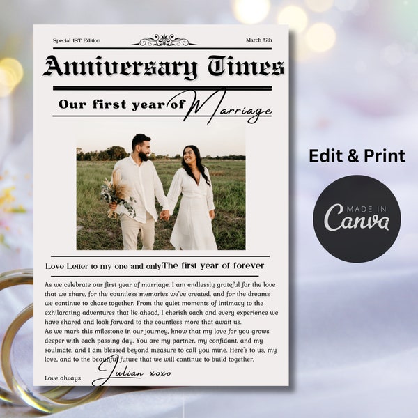 1st wedding anniversary paper gift | Custom Newspaper template | one year anniversary personalised gift Newspaper poster