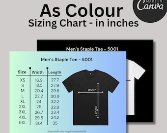 May include: Sizing chart for a men's staple tee in inches. The chart shows the size, width, and length of the tee in inches. The chart is on a blue background with a black and white image of a tee shirt.