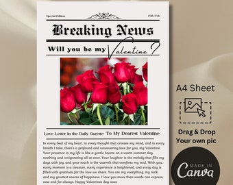 Newspaper valentines | cupid post newspaper | Editable Canva template | custom bouquet flower wrap