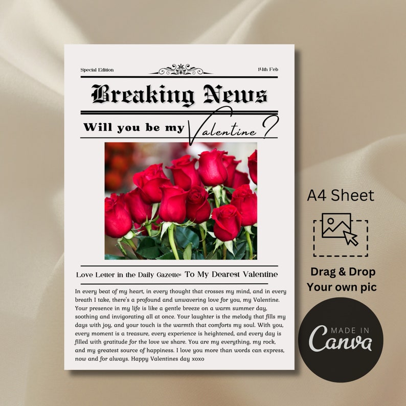 May include: A printable Valentine's Day card with a newspaper design. The headline reads "Breaking News" and asks "Will you be my Valentine?"  The card features a bouquet of red roses and a space to add a photo.