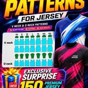 May include: A digital product advertisement for 150 t-shirt print patterns for jerseys. The graphic features text including T-SHIRT PRINT PATTERNS FOR JERSEY, V NECK & O NECK PATTERNS, and EXCLUSIVE SURPRISE 150 PREMIUM JERSEY DESIGNS with shirt examples.