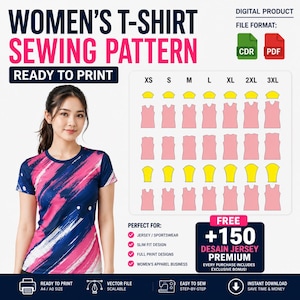 May include: A digital sewing pattern for a t-shirt, featuring a model wearing a blue and pink brushstroke print shirt. The graphic includes a size chart from XS to 3XL, file format icons for CDR and PDF, and text indicating a free bonus of 150 designs.