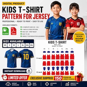 Pode incluir: Um anúncio de produto digital para um molde de t-shirt infantil para camisolas desportivas. A imagem mostra duas crianças a usar camisolas desportivas azuis e vermelhas com o número 10, juntamente com texto sobre os tamanhos XS a 3XL.