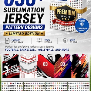 May include: A digital collection of 638+ sublimation jersey pattern designs in CorelDraw vector format. The display features a box labeled Premium Quality, five sample sports jersey designs, and a grid showcasing various graphic patterns.