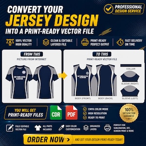 May include: A professional design service advertisement for converting jersey designs into print-ready vector files. It displays a navy and grey jersey, separated into front, back, collar, and sleeve components, with icons for CDR and PDF file formats.
