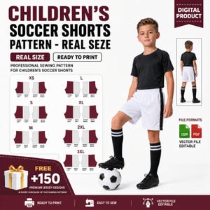 以下が含まれることがあります： 子供用サッカーショーツのデジタル縫製パターン。テキスト「CHILDREN'S SOCCER SHORTS PATTERN - REAL SEZE」、「READY TO PRINT」、「PROFESSIONAL SEWING PATTERN」が含まれています。XSから3XLまでのサイズチャート、CDRおよびPDFファイル形式のアイコン、ギフトボックスのグラフィックが記載されています。