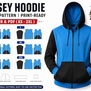 Puede incluir: Una sudadera con capucha y cremallera azul y negra con cordón, que muestra un patrón de costura para tallas de XS a 2XL. El texto dice JERSEY HOODIE SEWING PATTERN | PRINT-READY CDR & PDF (XS - 2XL) y FREE 150+ PREMIUM JERSEY DESIGNS.