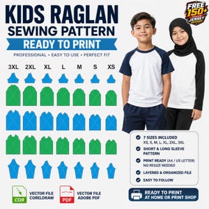May include: Kids raglan sewing pattern ready to print in 7 sizes from XS to 3XL. Includes short and long sleeve options, layered PDF and CDR vector files for home or professional printing. Features a visual guide of pattern pieces and two children.