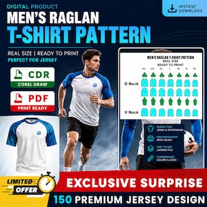 May include: A digital product listing for a raglan t-shirt pattern featuring a white shirt with blue sleeves, a size chart for O-neck and V-neck styles ranging from XS to 3XL, and text including "MEN'S RAGLAN T-SHIRT PATTERN" and "150 PREMIUM JERSEY DESIGN".