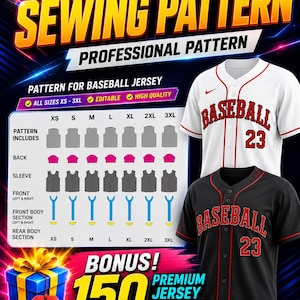 Puede incluir: Un patrón de costura digital para camiseta de béisbol, con tabla de tallas de XS a 3XL, diagramas de piezas y dos ejemplos de camisetas en blanco y negro con letras rojas y el número 23. Incluye un gráfico de oferta adicional.