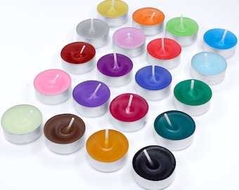 Velas de té de colores en 20 colores brillantes, de color sólido, sin perfume, ahora con más partículas de color