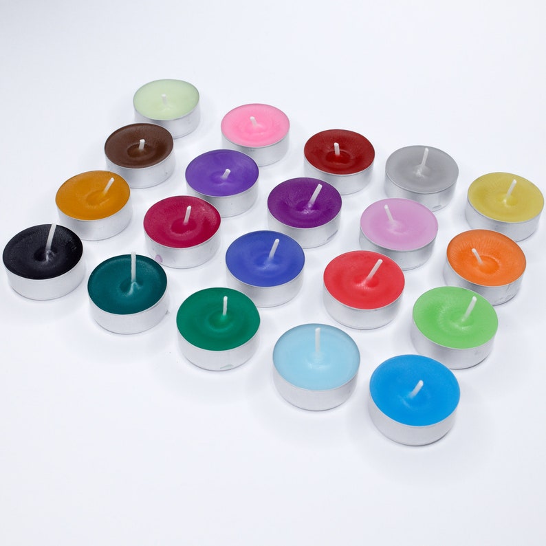 Colorful Tea Lights in 20 Bright Colors, Solidcolored, Unscented, Now Even More Color Particles