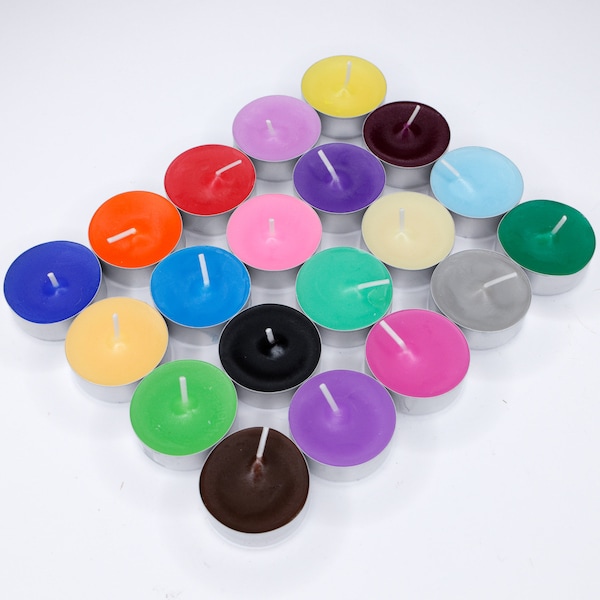 20 bunte Teelichter in 20 nagelneuen Farben 2024, viele Farbpigmente, ohne Duft