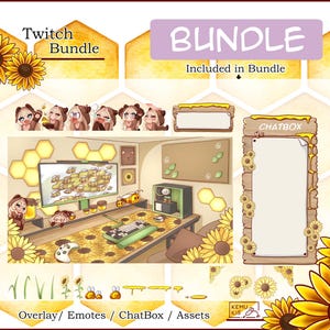 May include: A digital art bundle with a sunflower and honeycomb theme. The bundle includes a Twitch overlay, emotes, chatbox, and other assets. The design features a computer setup with a sunflower-covered desk and a chatbox with sunflower accents. The text "Twitch Bundle" and "BUNDLE" are visible.