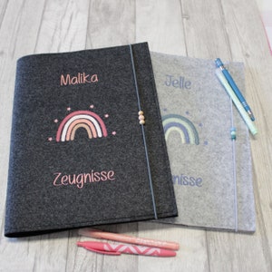 Zeugnismappe mit Namen bestickt, personalisiertes Geschenk zur Einschulung für Jungs Mädchen, Design Regenbogen, Organizer für Zeugnisse