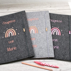 Zeugnismappe mit Namen bestickt, personalisiertes Geschenk zur Einschulung für Jungs Mädchen, Design Regenbogen, Organizer für Zeugnisse