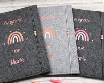 Zeugnismappe mit Namen bestickt, personalisiertes Geschenk zur Einschulung für Jungs Mädchen, Design Regenbogen, Organizer für Zeugnisse