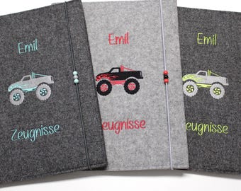Personalized report card folder, personalized back-to-school gift for boys and girls, embroidered with a truck and car, report card organizer